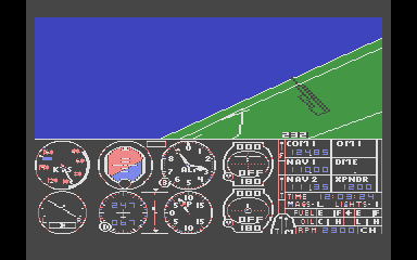 Flight Simulator II for Atari 8-bit computers, with artifacting settings approximaing the colors you'd see on an XL or XE-series computer. The artificial horizon now has a pink top half and a blue bottom half.